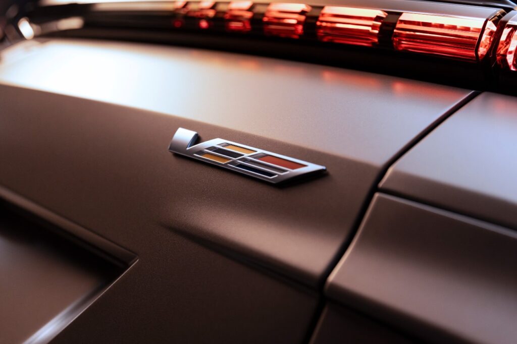 Rear close-up view of the Cadillac LYRIQ-V’s rear end and V-Series badging
