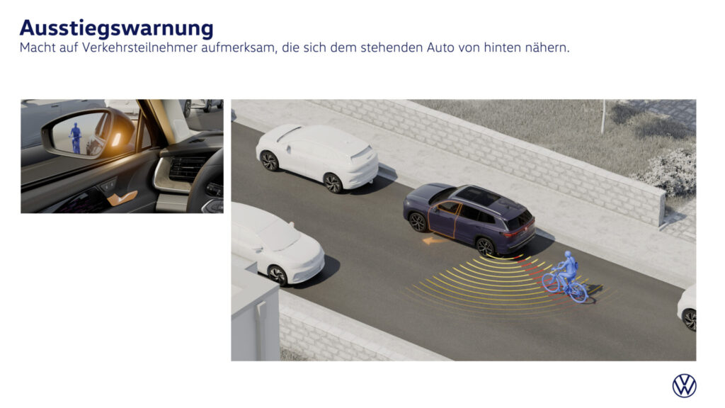 Ausstiegswarnung. Macht auf Verkehrsteilnehmer aufmerksam, die sich dem stehenden Auto von hinten nähern.